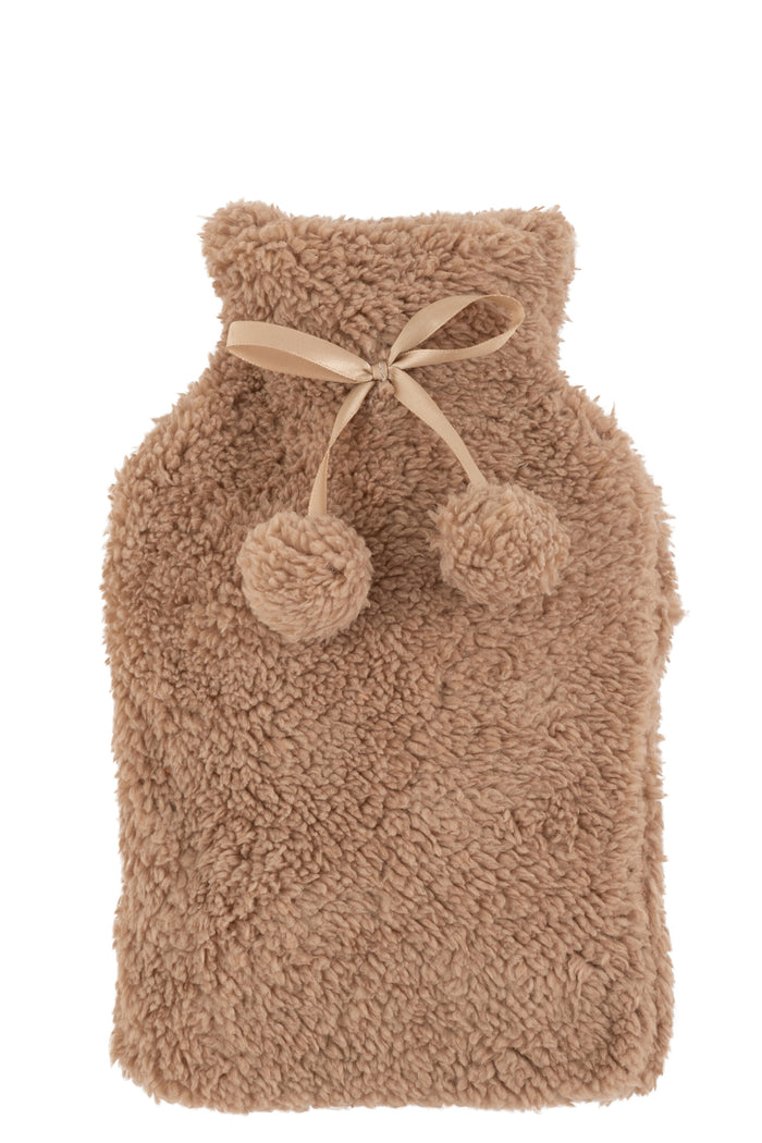 J-Line warmwaterkruik teddy + pompons - polyester - lichtbru