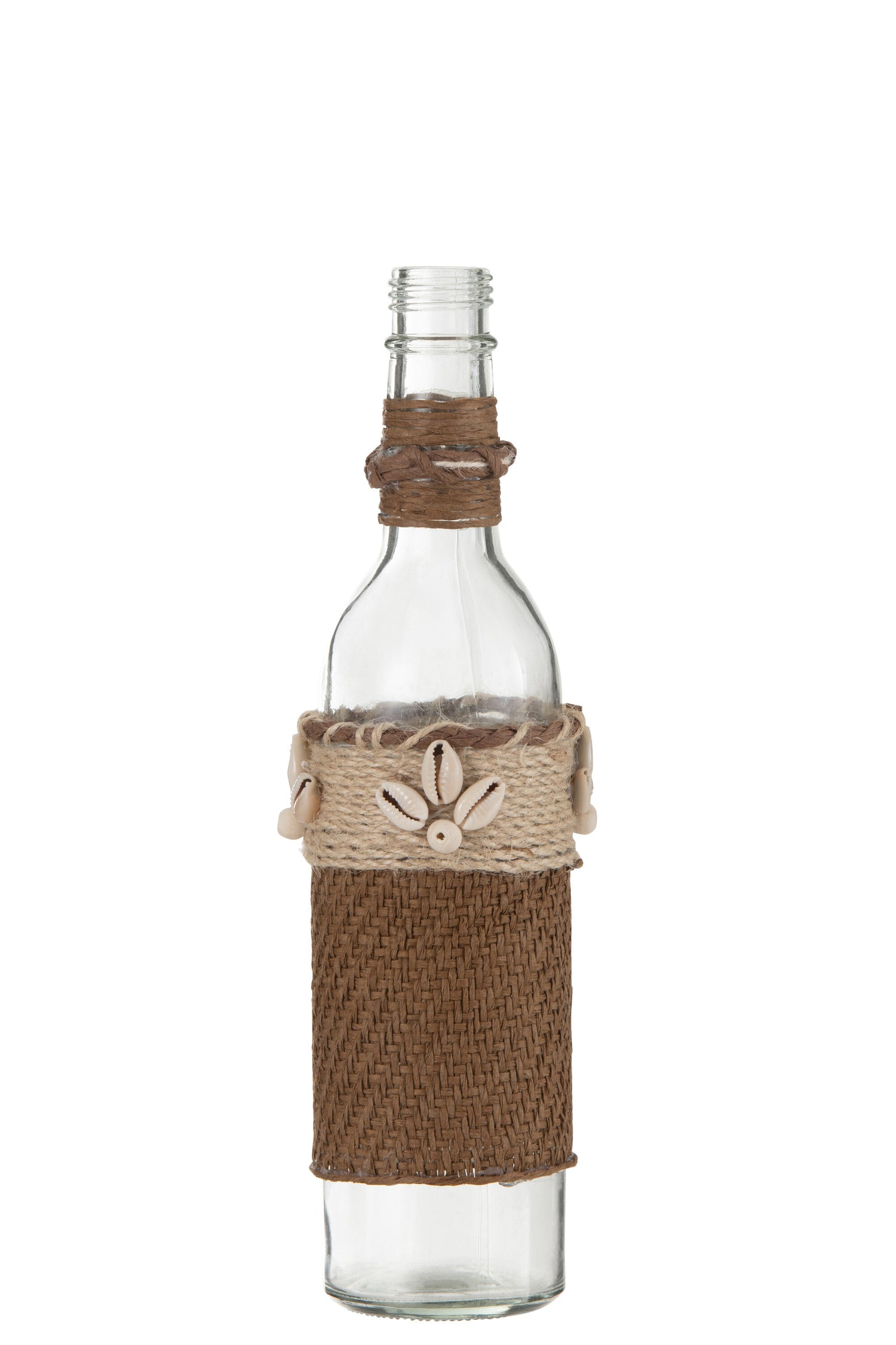 J-Line decoratie fles met schelpen - glas - bruin - 2 stuks