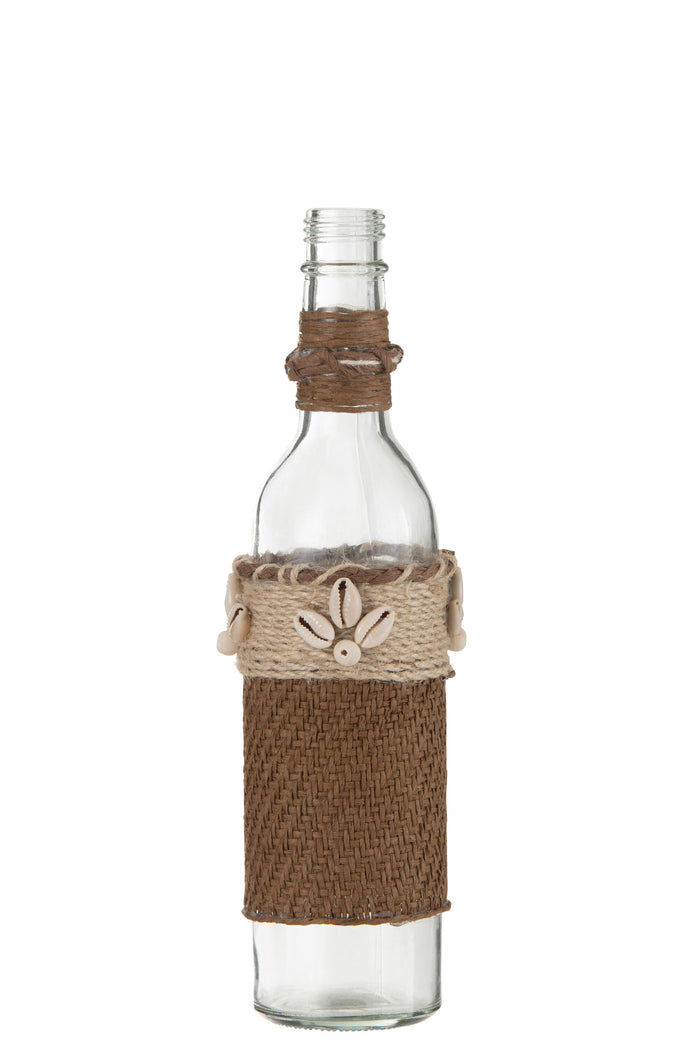 J-Line decoratie fles met schelpen - glas - bruin - 2 stuks