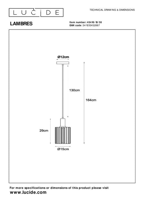 Lucide LAMBRES Hanglamp - Zwart