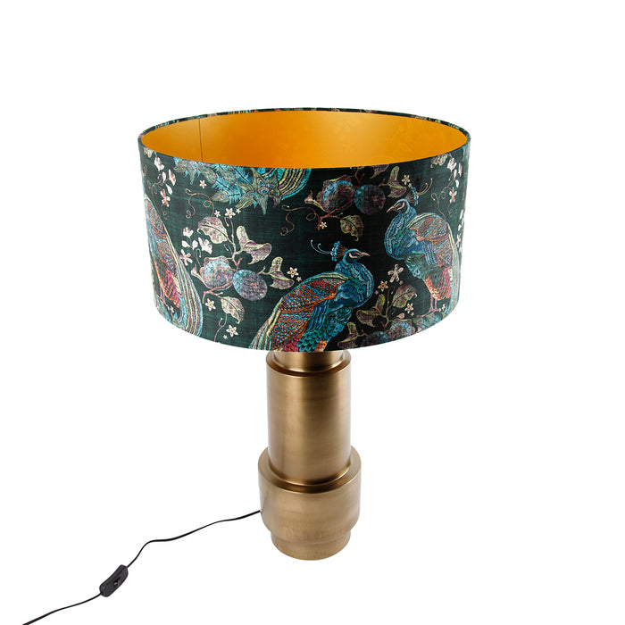 QAZQA Tafellamp brons velours kap pauw groen met goud 50 cm - Bruut