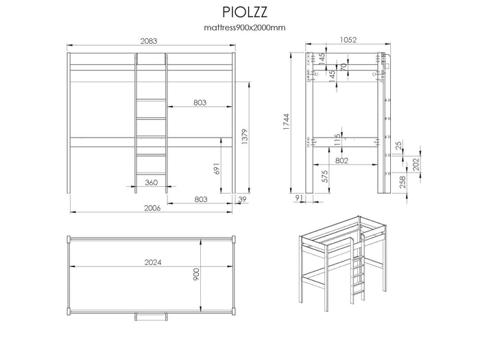 LUCEVI - Pino Hoogslaper + bureau 1400x200 cm - Grijs