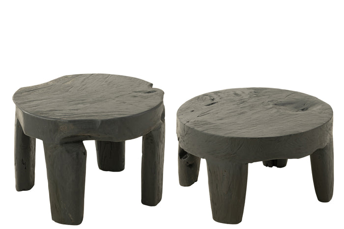 J-line - Set Van 2 Tafel Rond Teak Hout Zwart - 50x50x35cm