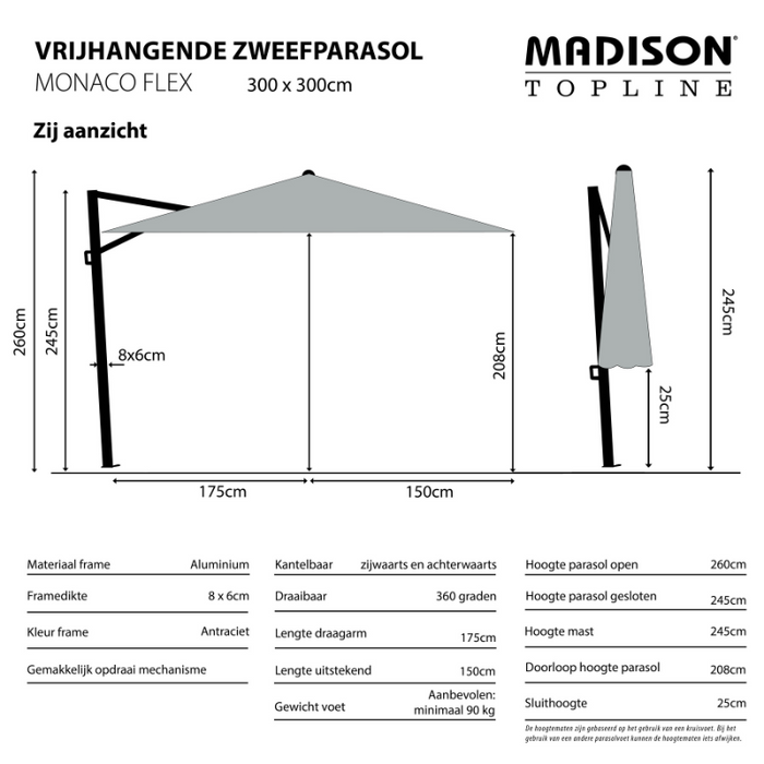 Madison Parasol monaco flex III light grey + voet + hoes