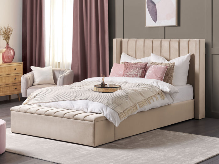 Beliani-NOYERS-Bed met opbergruimte-Beige-160 x 200 cm-Fluweel