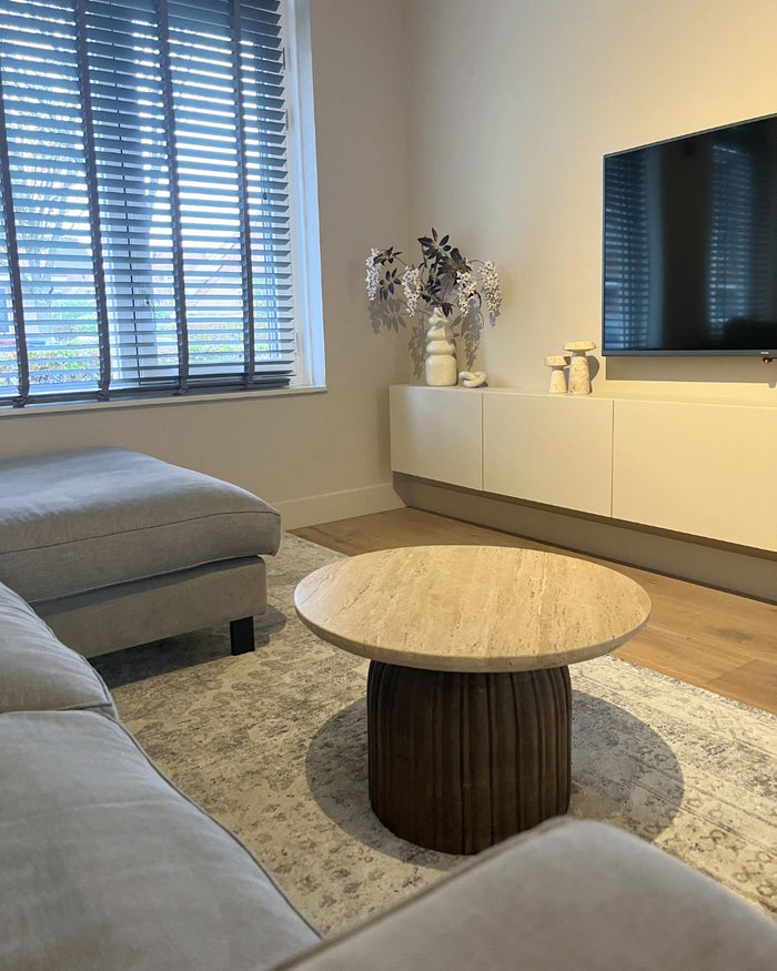 Giga Meubel - Salontafel Ø60cm Travertin - Bruin Houten Onderstel