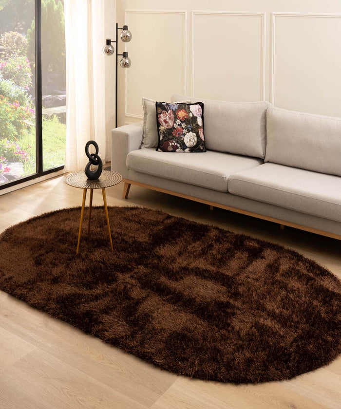 Tapeso Ovaal hoogpolig vloerkleed velvet - Posh donkerbruin - 240x340
