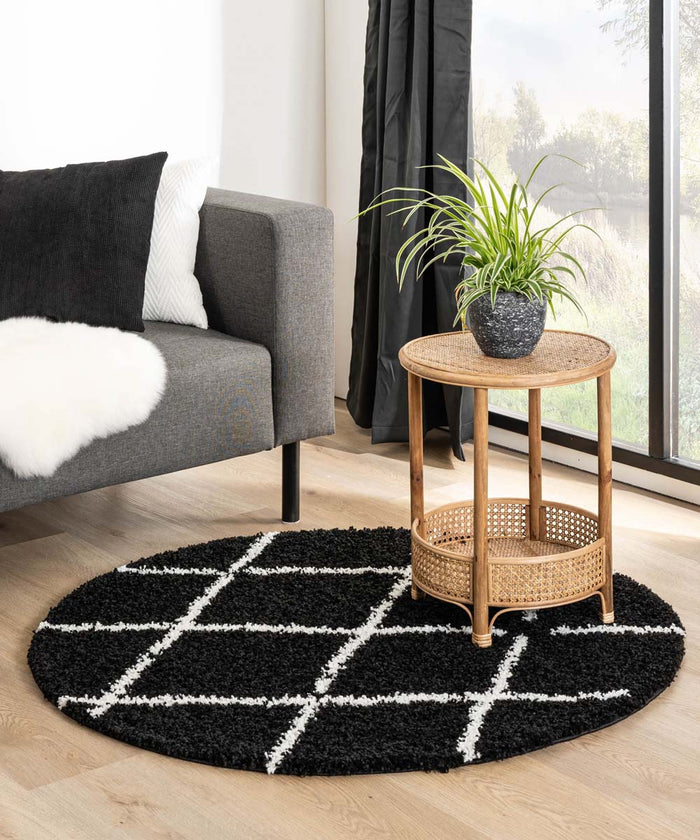 Boho&me Rond hoogpolig vloerkleed ruiten Habitat - zwart|wit - 100 cm