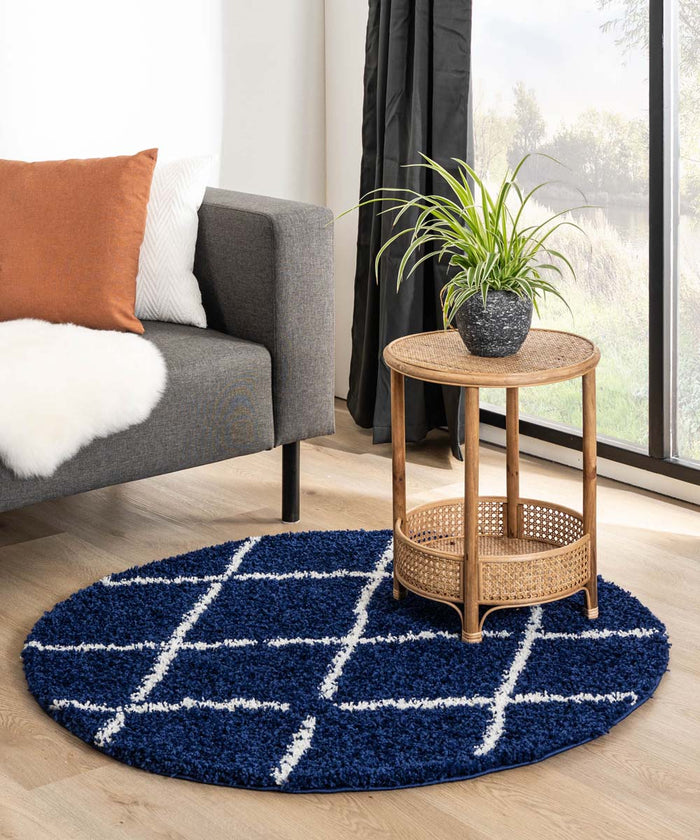 Boho&me Rond hoogpolig vloerkleed ruiten Habitat - marineblauw|wit -
