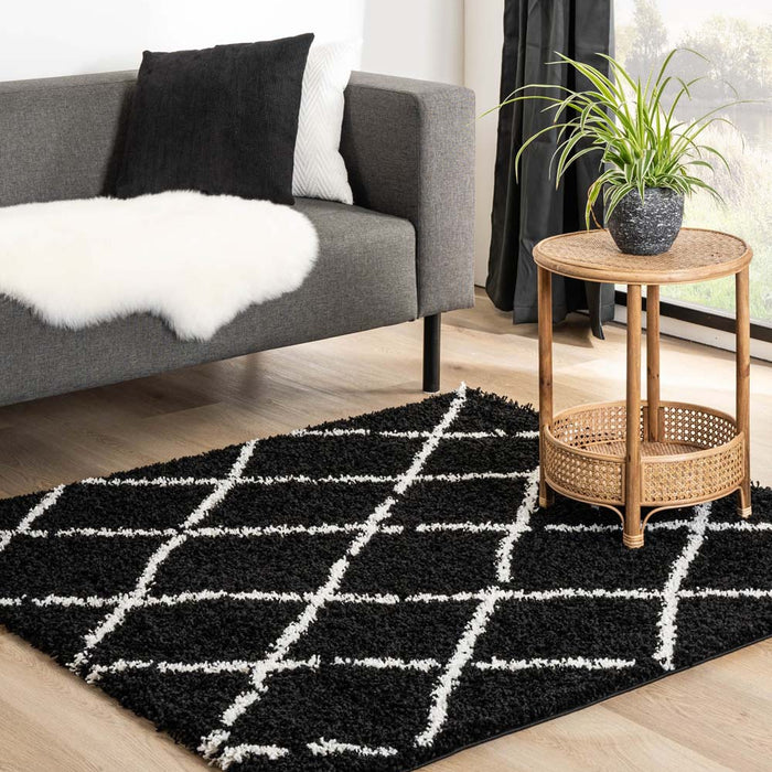 Boho&me Vierkant hoogpolig vloerkleed ruiten Habitat - zwart|wit -