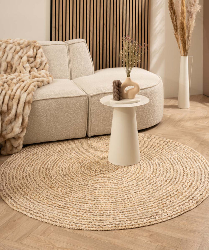 Boho&me Jute vloerkleed rond - Braided - wit|naturel - 120 cm