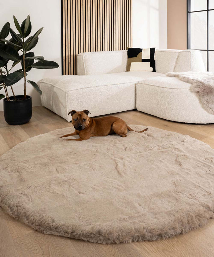 Tapeso Fluffy vloerkleed rond - Comfy Deluxe taupe - 80 cm