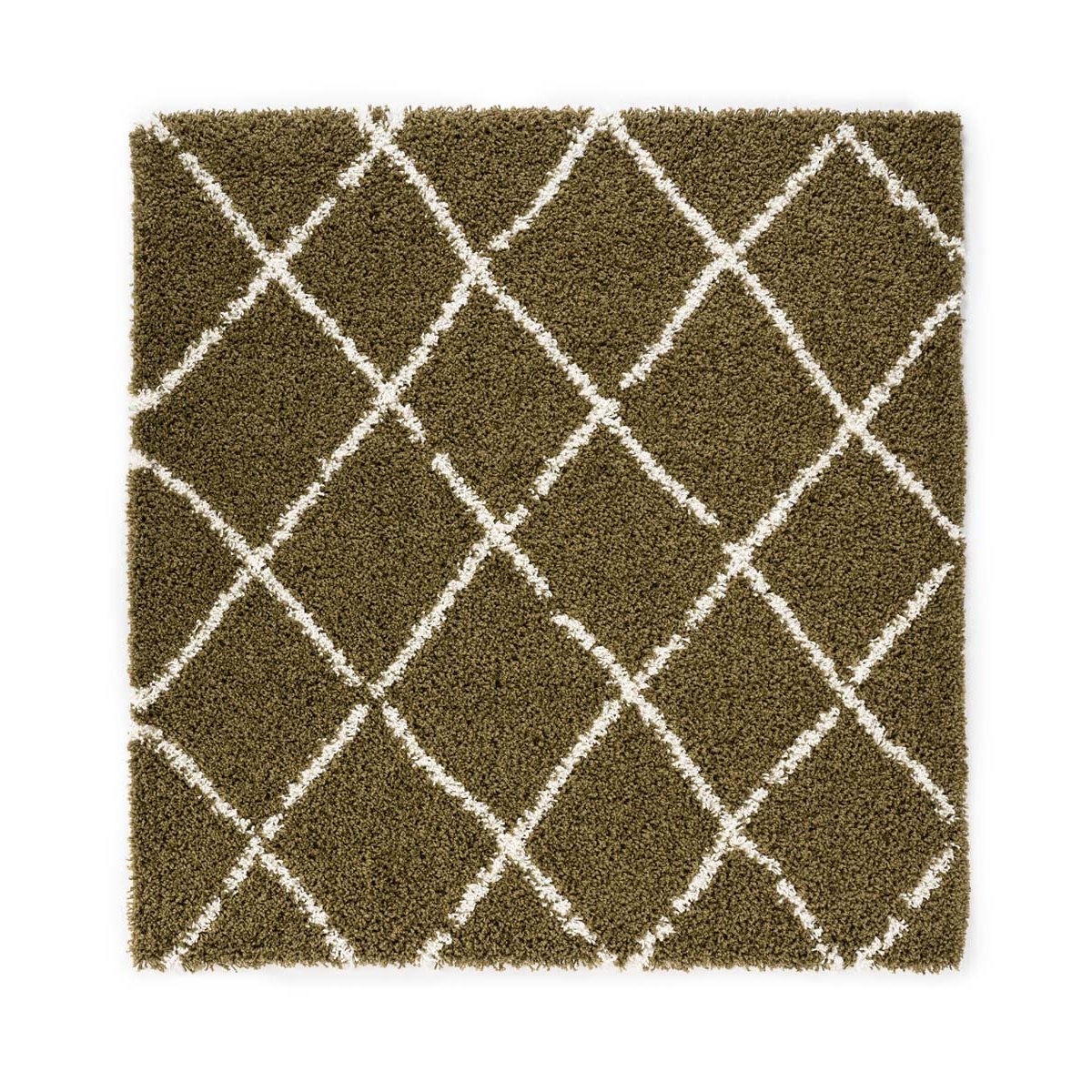 Boho&me Vierkant hoogpolig vloerkleed ruiten Habitat - olijfgroen|wit