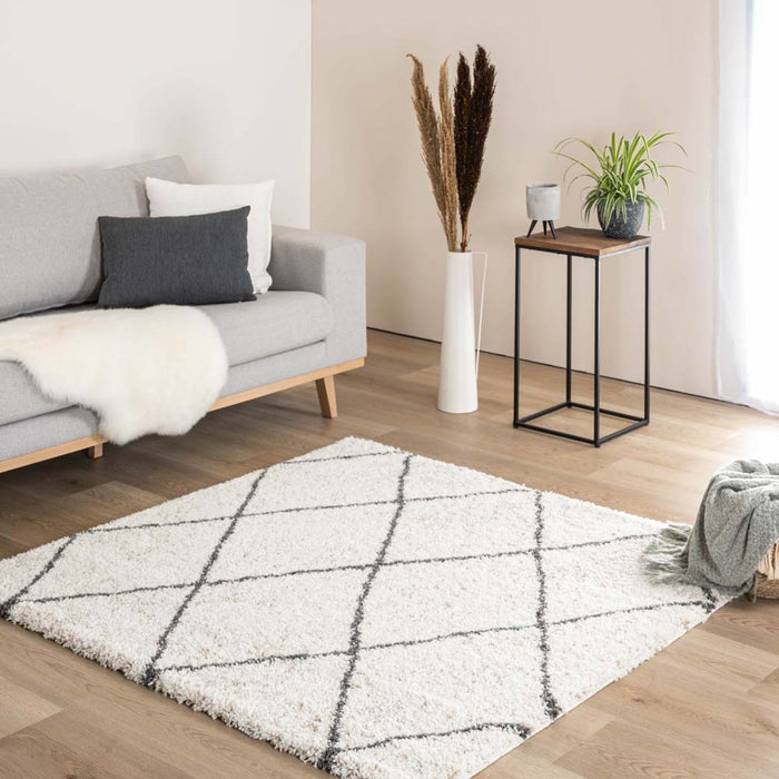 Boho&me Vierkant hoogpolig vloerkleed geruit Artisan - wit|grijs -