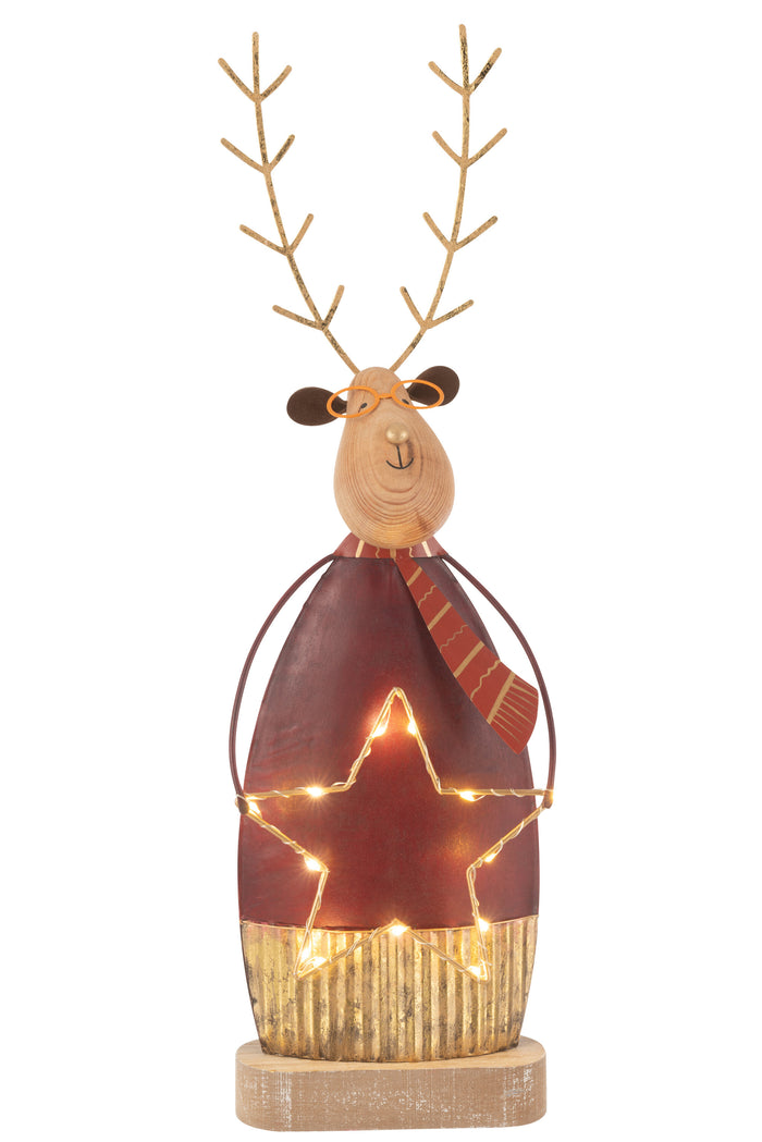 J-Line decoratie Rendier + sjaal|bril - metaal - roest|goud - L - LED