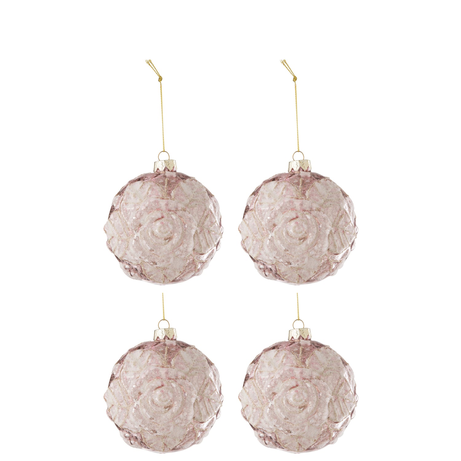 J-Line kerstbal Motief Roos Pailletten - glas - lichtroze - large - doos van 4