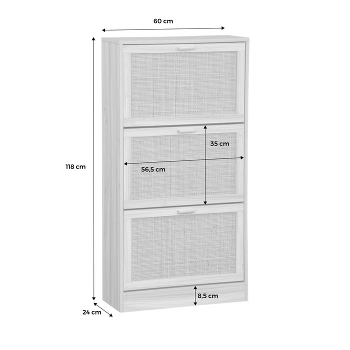 sweeek - Schoenenkast met 3 deuren, rotan en houten decor