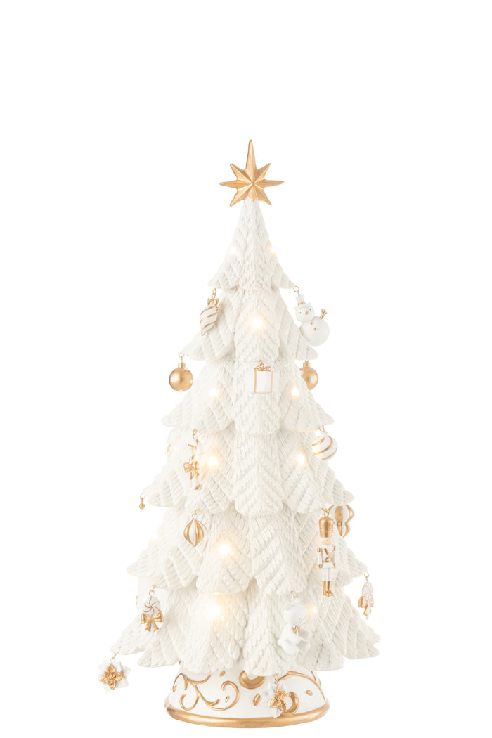 J-Line decoratie Kerstboom Ornamenten - polyresin - wit|goud - small - LED lichtjes