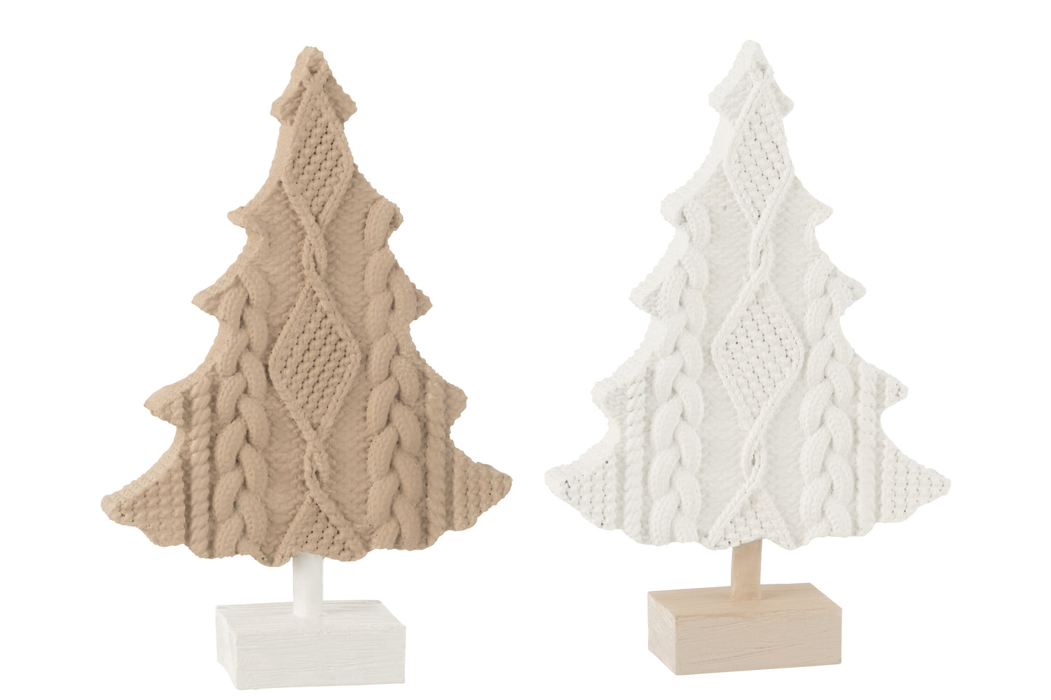 J-Line decoratie Gebreide Kerstboom - polyresin - wit|beige - 2 stuks