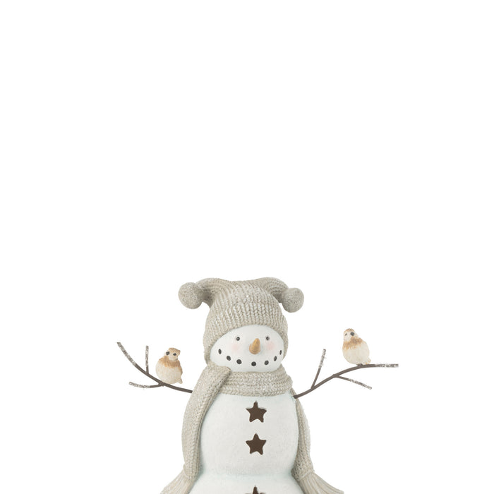 J-Line figuur Sneeuwman vogels - polyresin - wit|grijs - small