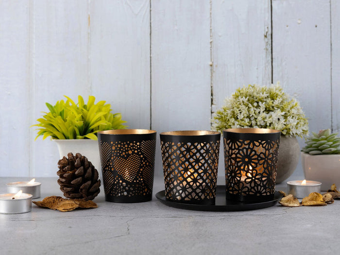 SVJ Windlicht - 7x7x7 cm - Metaal - Zwart - Set van 3