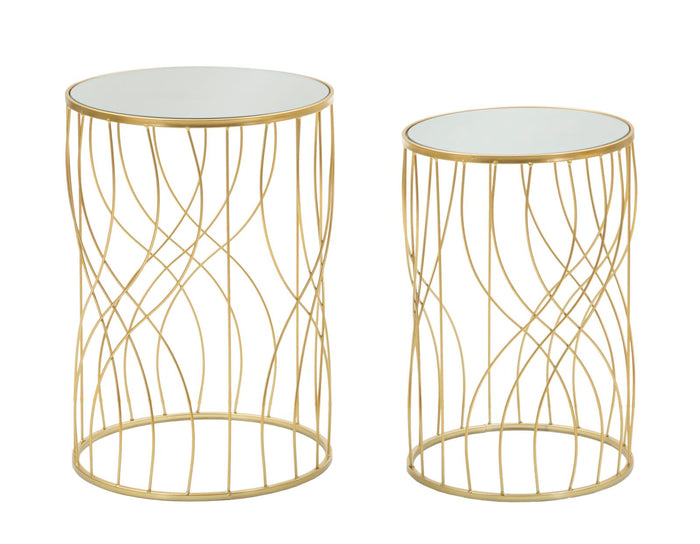 Mauro Ferretti Ligne Set van 2 tafels in metalen en gouden spiegel