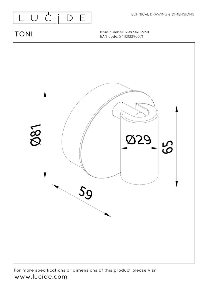 Lucide TONI Wandspot - Zwart