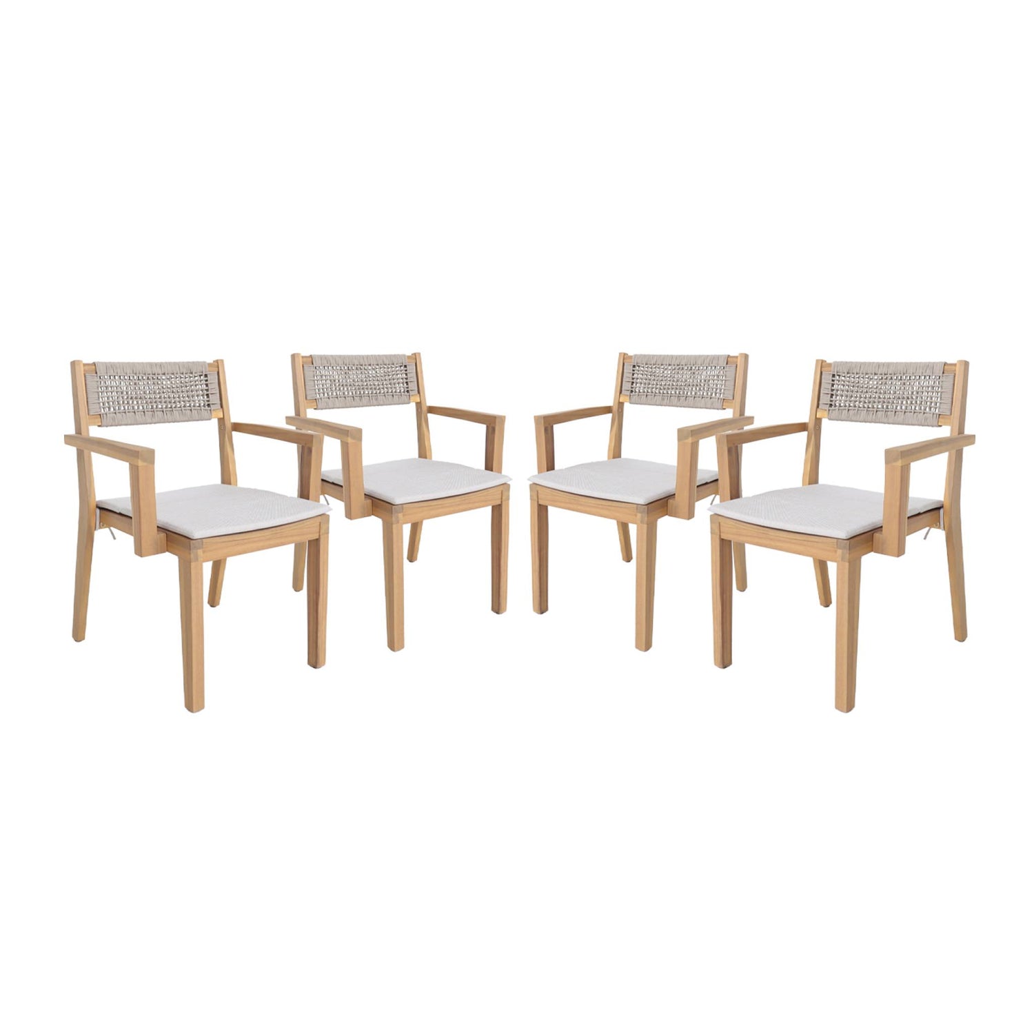 sweeek - Set van 4 acaciahouten tuinstoelen met kussen en touw