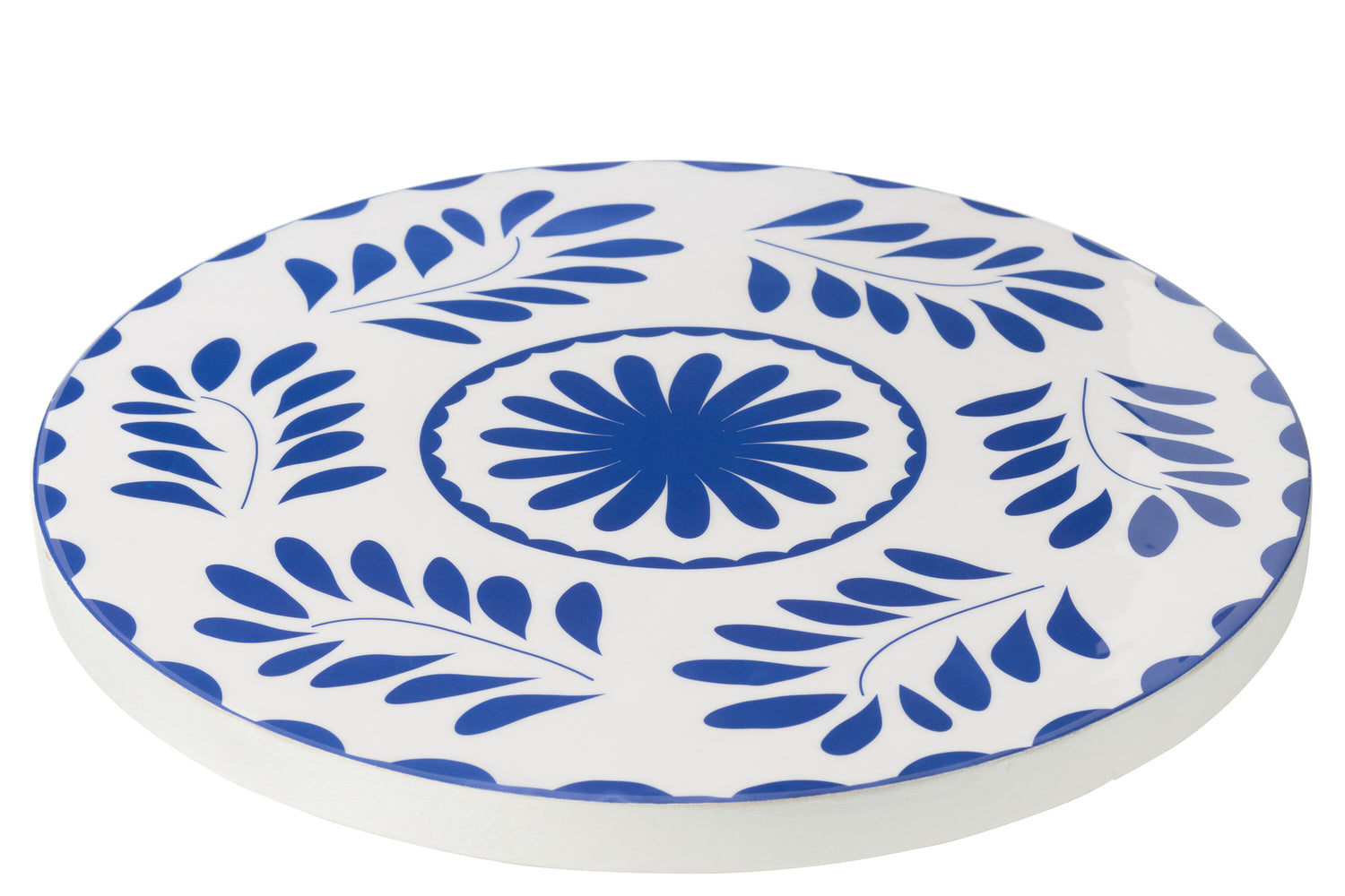J-Line plateau Rond Bloemen - hout - blauw|wit