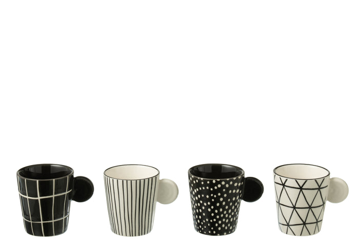 J-Line koffietas Met Oor + Bamboubasis - keramiek - wit|zwart - doos van 4