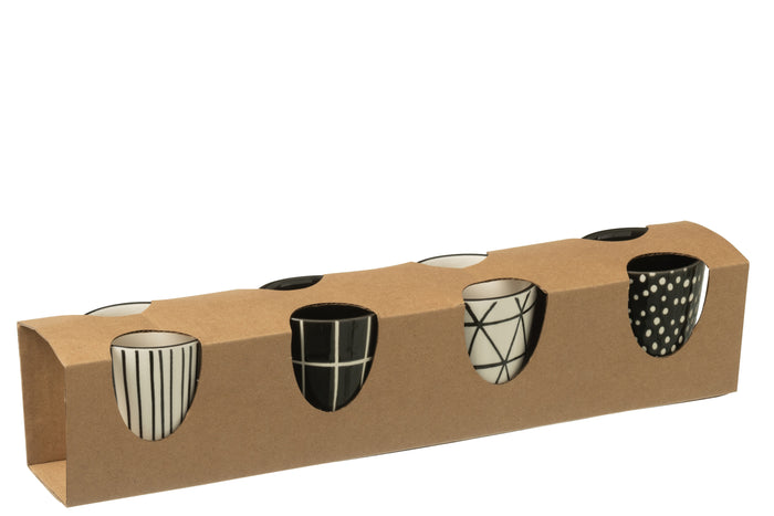 J-Line koffietas Met Oor + Bamboubasis - keramiek - wit|zwart - doos van 4