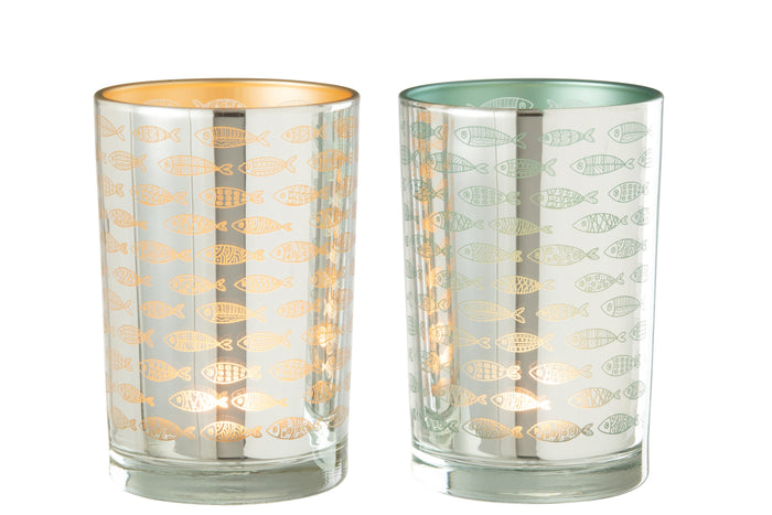 J-Line windlicht Vissen - glas - beige|blauw - large - 2 stuks