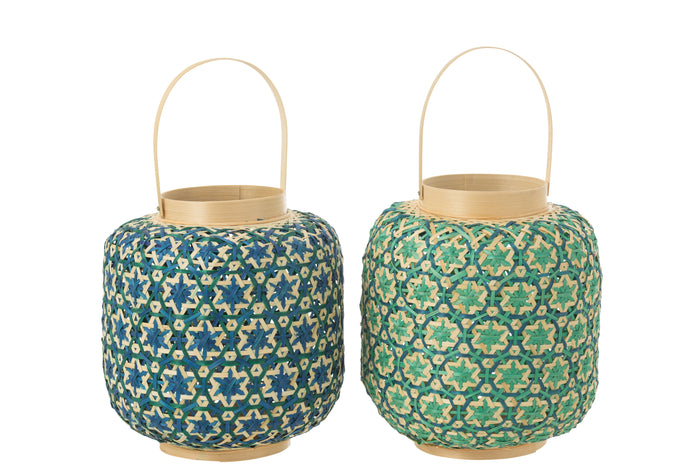 J-Line lantaarn Mozaïek Patroon - bamboe - donkerblauw|watergroen - 2 stuks