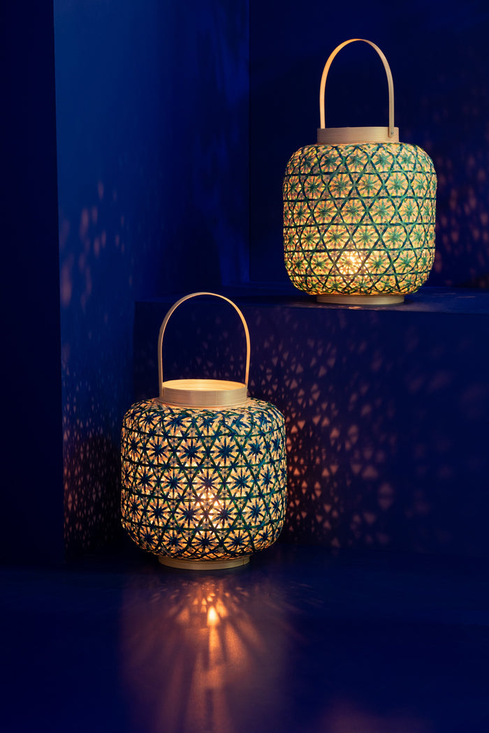 J-Line lantaarn Mozaïek Patroon - bamboe - donkerblauw|watergroen - 2 stuks