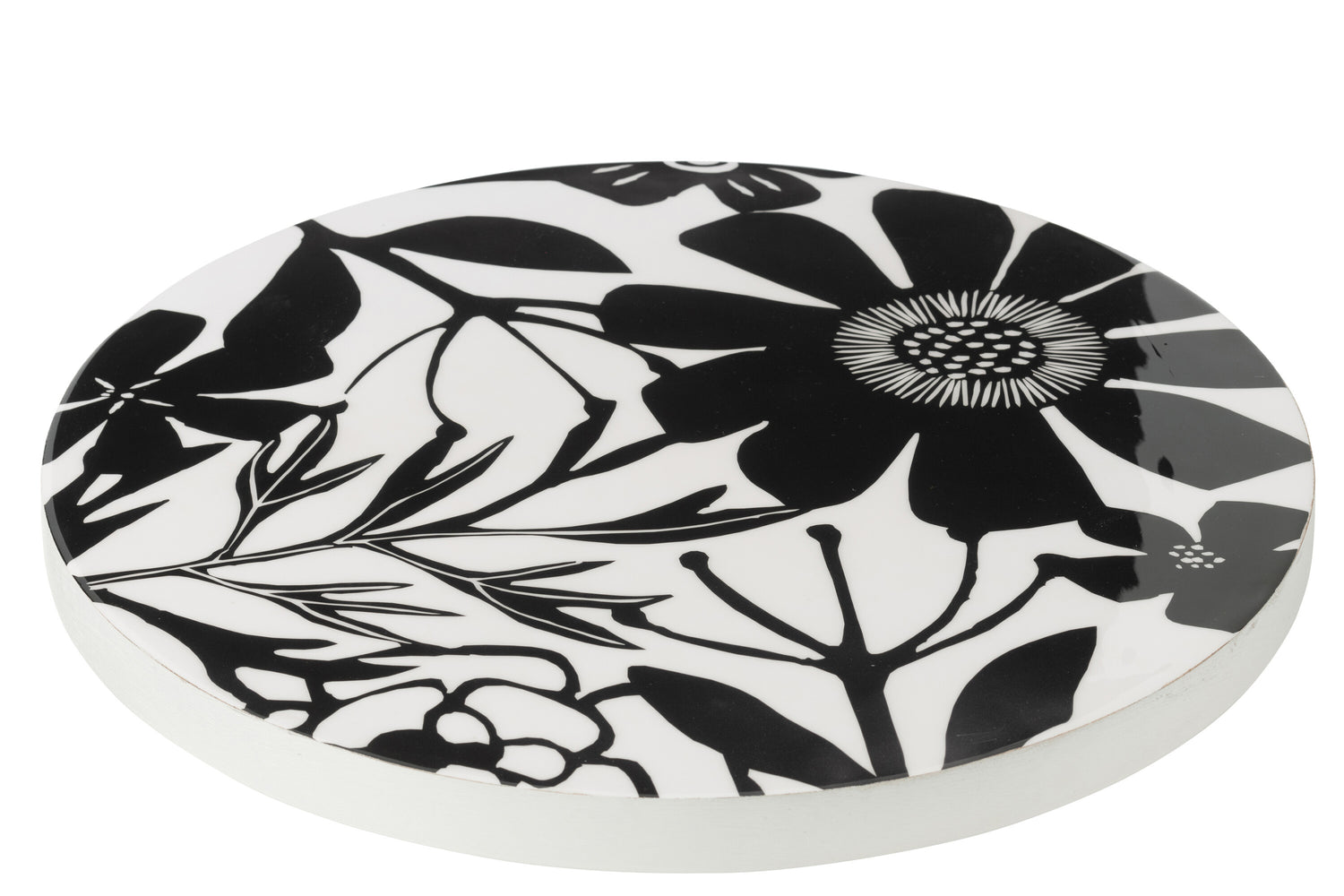 J-Line plateau Draaiend Rechthoek Bloemen - hout - zwart|wit