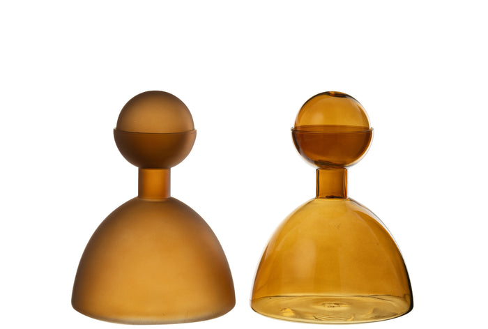 J-Line vaas Fles + Dop Rond - glas - bruin - 2 stuks - Ø 15