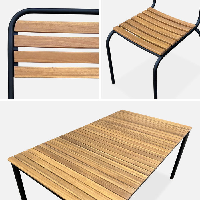 sweeek - Houten en stalen tuintafel, 6 stoelen