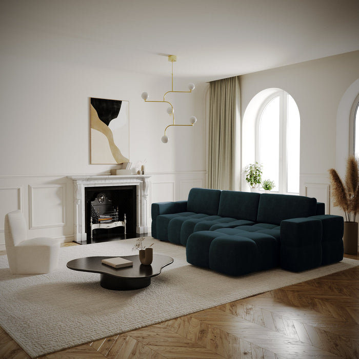 Pauwblauw fluwelen 5-zits rechthoekige slaapbank met commode