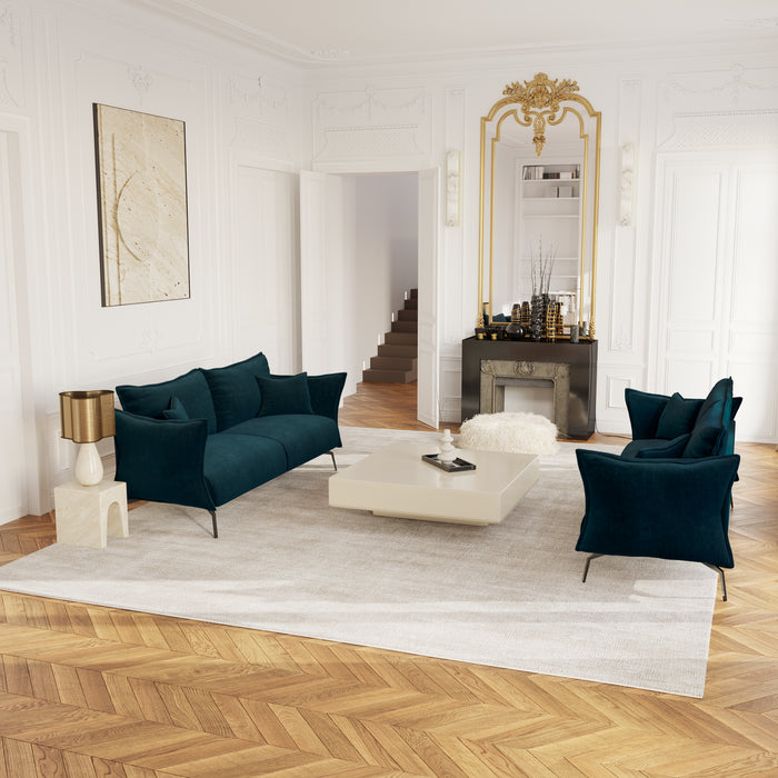 Pauwblauw fluwelen 4-zitsbank