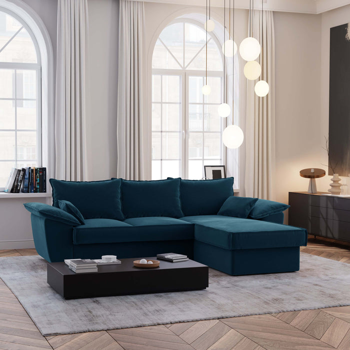 Pauwblauw fluwelen rechte hoekbank 257cm