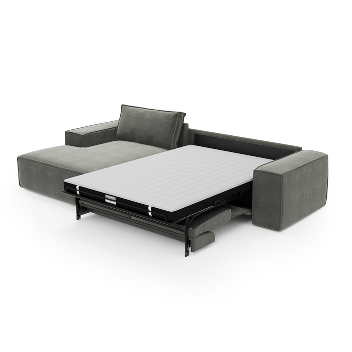 Slaapbank hoek links dunlopillo fluweel grijs 140cm