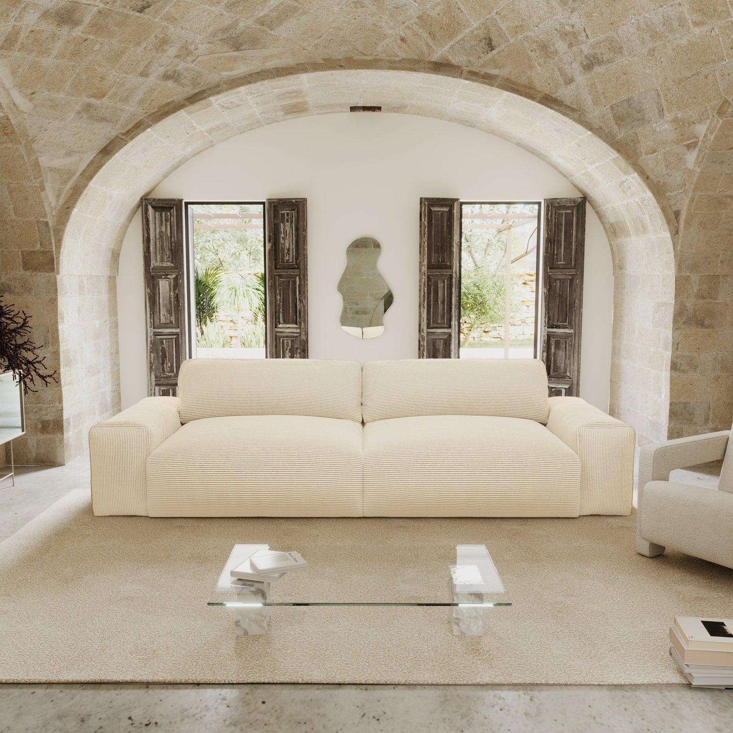 3-zitsbank in zacht aanvoelend crèmekleurig corduroy, 220 cm