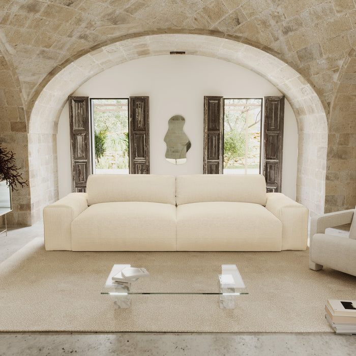 3-zitsbank in zacht aanvoelend crèmekleurig corduroy, 220 cm