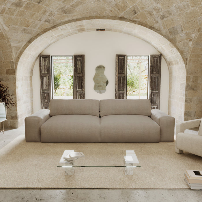 3-zitsbank in zachte, taupekleurige geweven stof, 220 cm