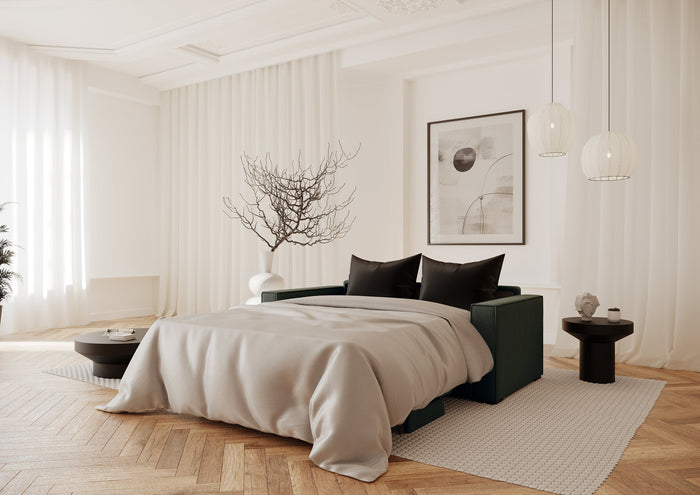 Slaapbank met matras in olijfgroen weefsel 140cm