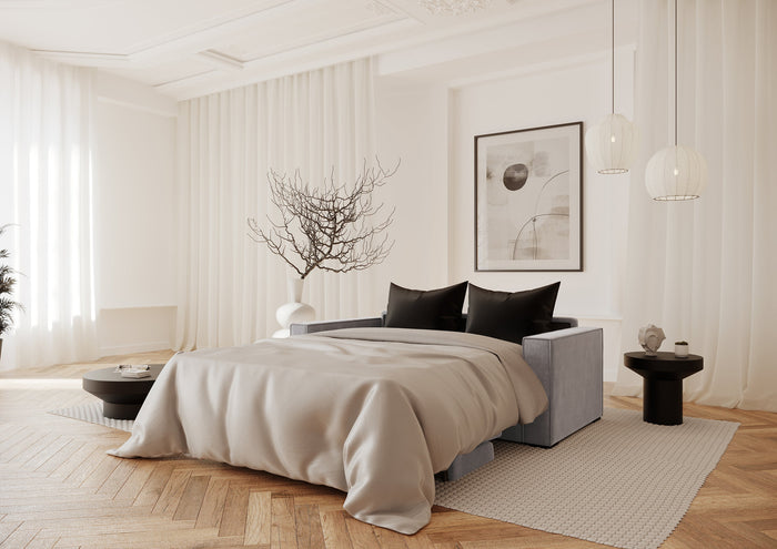 Slaapbank met lichtgrijs fluwelen matras 140cm