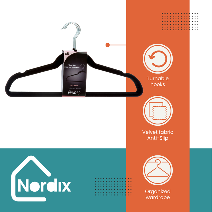 Nordix Kledinghangers Set 8 stuks Zwart Vilten Velvet Anti Slip Kle...