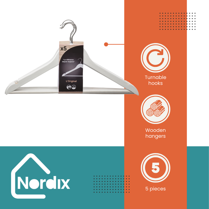 Nordix Kledinghangers Set 5 stuks Wit Hout Kleerhangers