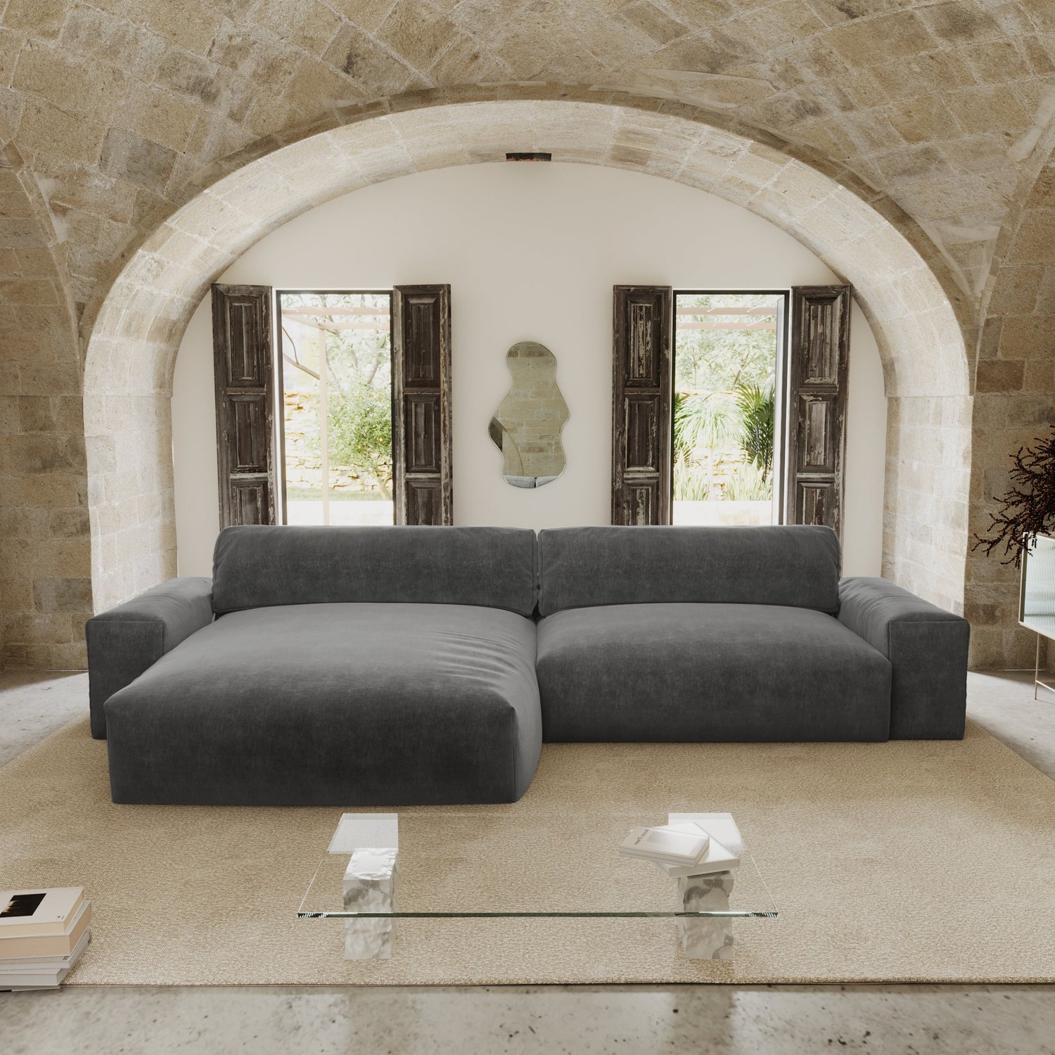 Hoekbank links, 4 zitplaatsen, grafietgrijs fluweel, 310 cm