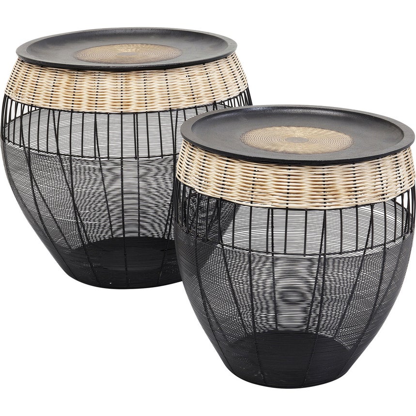 Kare Design African Drums Bijzettafel - Set Van 2 - Zwart Metaal|Rotan